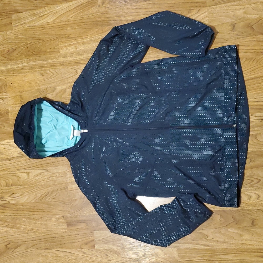 Christopher & Banks Hooded Lightweight Jacket Windbreaker Navy Perforated Aqua